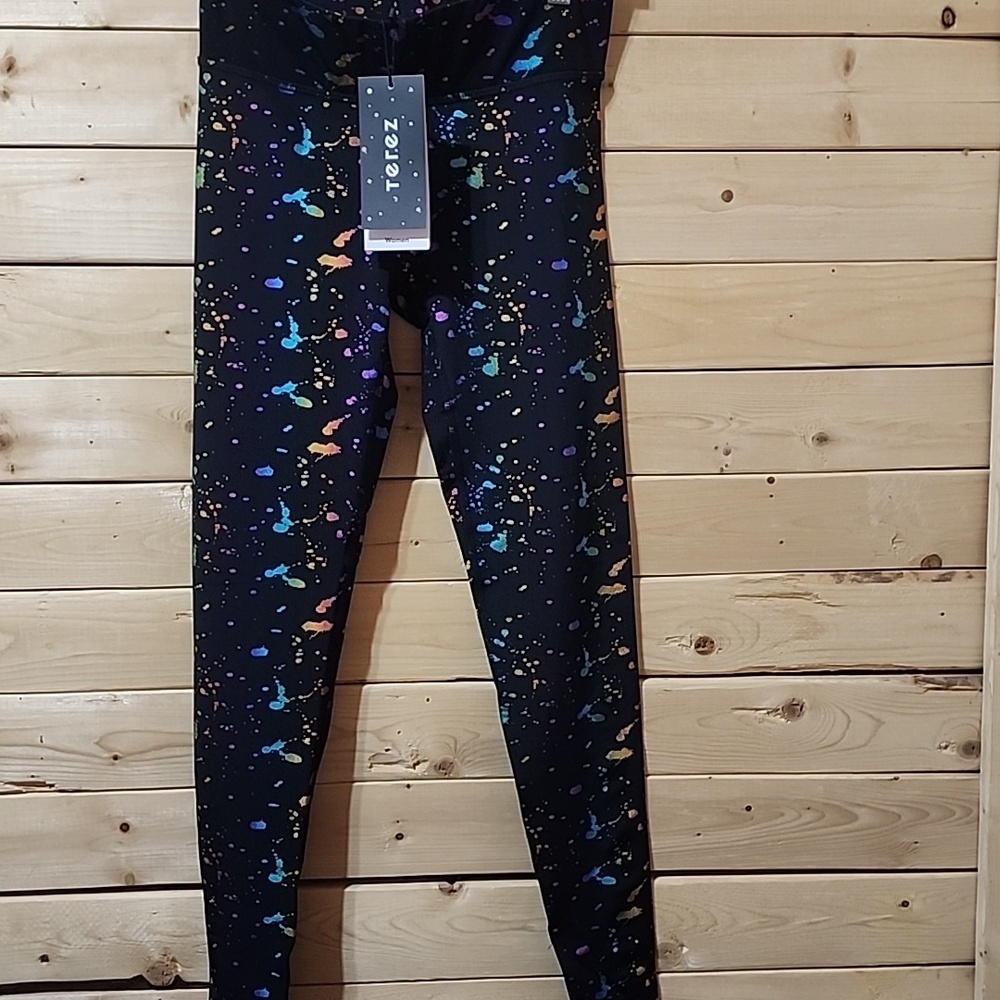 TEREZ Black Rose Gold Paint Splatter Leggings Size Small NEW